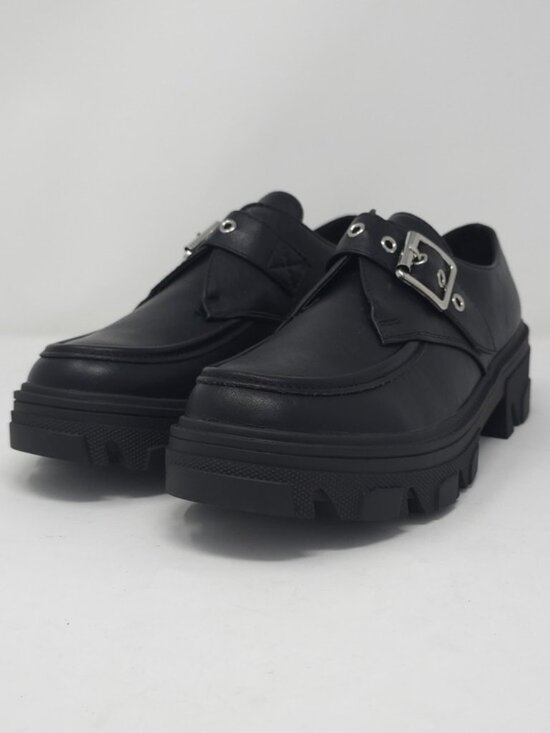 Forever Link Shoes - CHARCOAL PU Chunky Platform Loafers Buckle Strap Lug Sole Slip On Casual Trendy